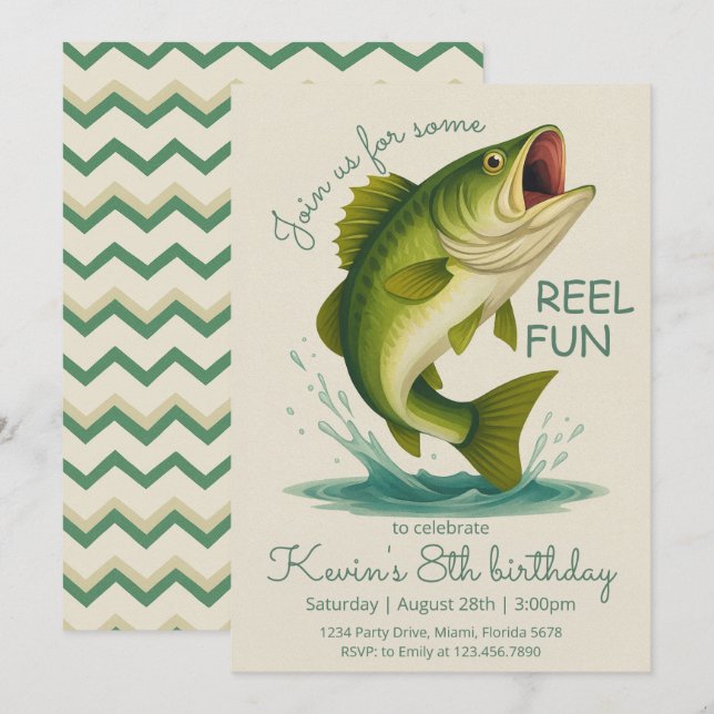 Fånga rolig fiskebirthday inbjudningar (Fram/baksida)