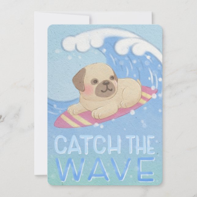 Fånga vågen: Pug Surfer Illustration Tack Kort (Framsida)