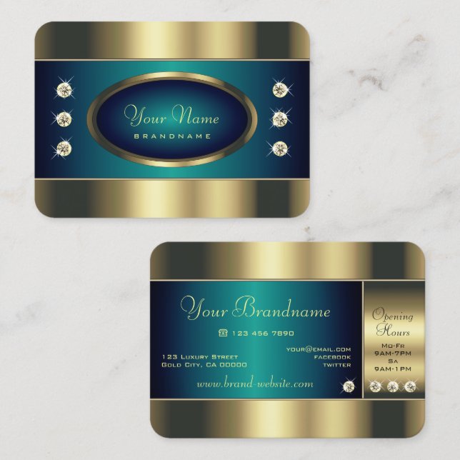 Fångande guld teal med glittrande rhinestones visitkort (Fram/baksida)