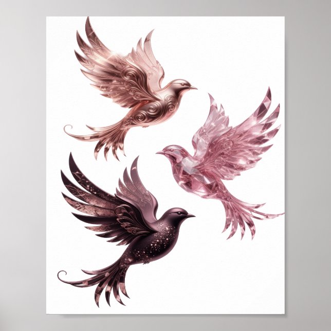 Fångande silver TRE ROSA FÅGLAR Design Poster (Framsidan)