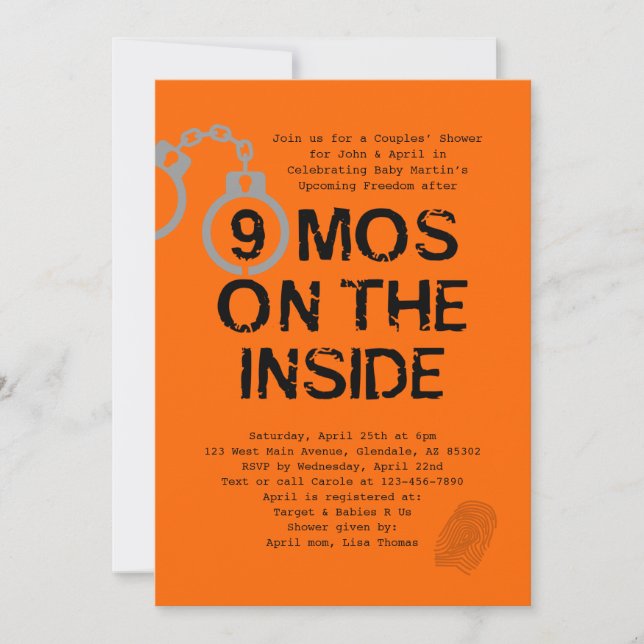 Fängelsetema Babykläder 9 månader på insidan Inbjudningar (Framsida)