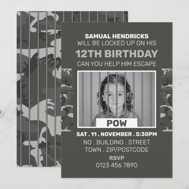 Fången i Krig Themes Escape Room, Födelsedagsfest Inbjudningar (Fram/baksida)