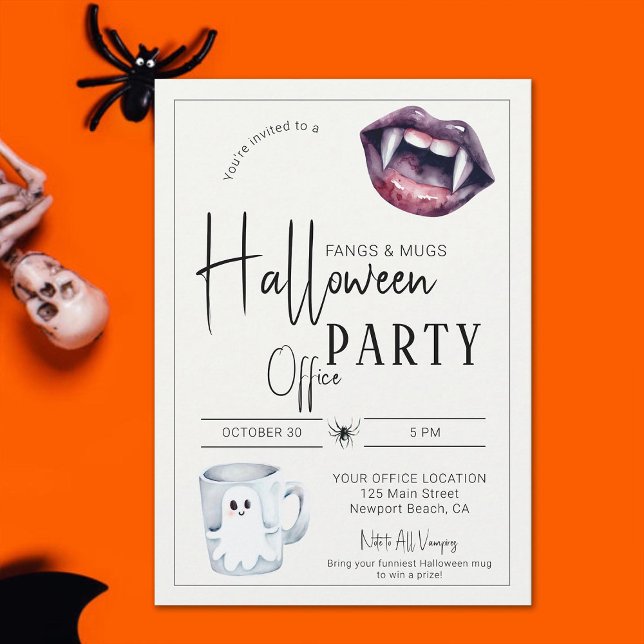 Fangs and Mugg Halloween Office Party Roligt Team Inbjudningar (halloween office party invitation fangs and mugs funny fun simple corporate business classy modern)