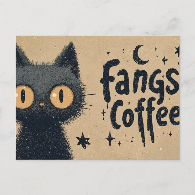 Fangs- och kaffegrafik med grungy Black Cat Vykort (Framsida)