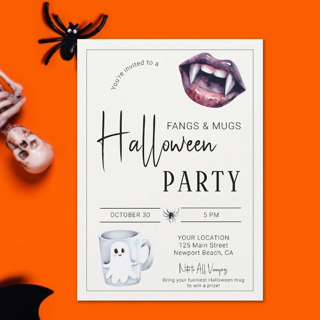 Fangs och Mugg Halloween fest Vampires Spider Roli Inbjudningar (vampire halloween party invitation fangs and mugs costume prize funny cute home ghost spider)