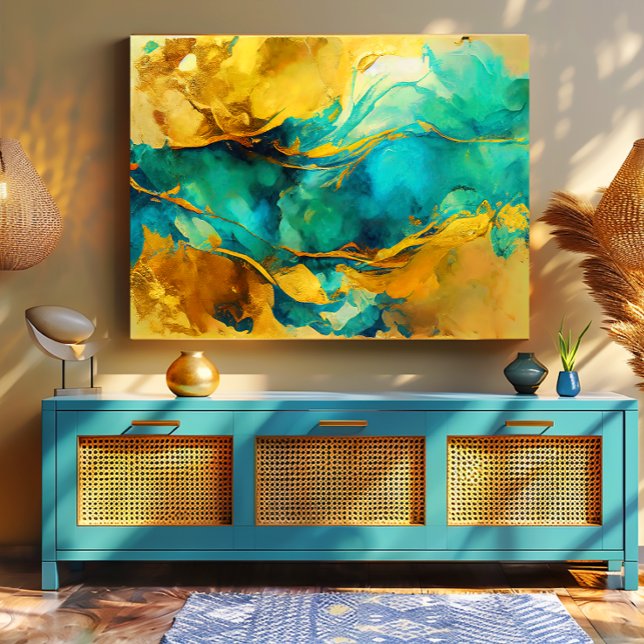 Fängslande blues och guld abstrakta  canvastryck (Stunning Abstract Turquoise and Gold Canvas Print/Available in Various Sizes)