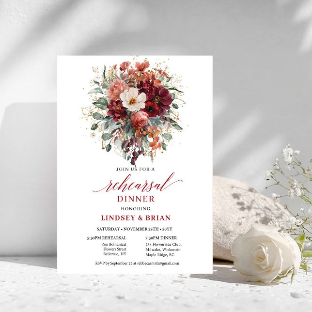 Fängslande djupröda höstprovlunschen  inbjudningar (Captivating Deep Red Autumn Rehearsal Dinner Invite

)