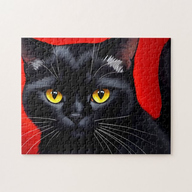 Fängslande Kitty Art Porträtt 252-delad svart katt Pussel (Horisontell)