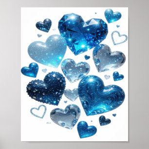 Fängslande Silver BLUE HEARTS 3D Text Konst Poster
