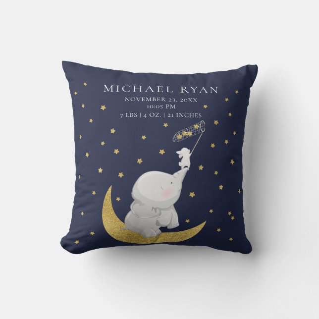 Fångst A Star Elephant Baby Birth Stats Pillow Kudde (Framsida)