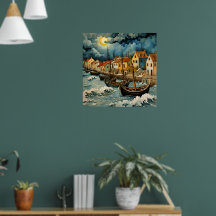 Fångst av fiskarkonst i Stormy Sea Nght