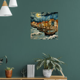 Fångst av fiskarkonst i Stormy Sea Nght Poster