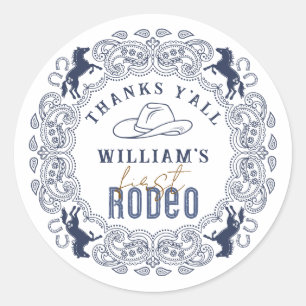 Fångstblått första rodeo Birthday-favoritmärke - W Runt Klistermärke