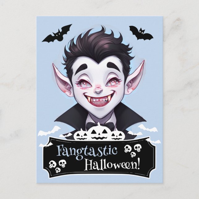 Fangtastiskt Halloween leende vampyr med Fladdermu Vykort (Framsida)