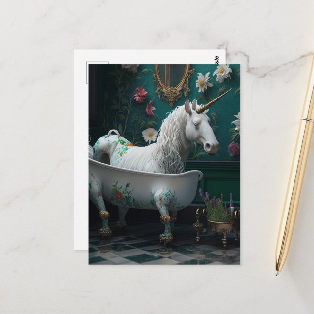 Fånig AI genererade Unicorn i ett badkar Vykort (Fram/Back In Situ)