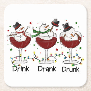 Fånig "Drink, Drank, Drunk" Snögubbe och Vin Underlägg Papper Kvadrat