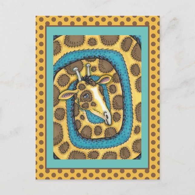 FÅNIG GIRAFFE LONG NACKE OCH SPOTS, FUNNY FOLK ART VYKORT (Framsida)