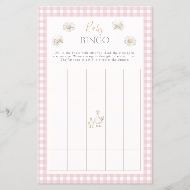 Fånig Goose Baby Bingo Whimsical Rosa Shower Game Flygblad (Framsidan)