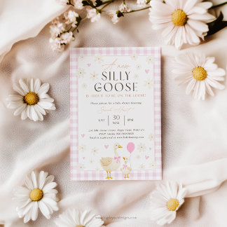 Fånig Goose Baby Shower Rosa Gingham-inbjudan Inbjudningar