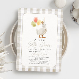 Fånig Goose Beige Gingham Baby Shower Inbjudningar