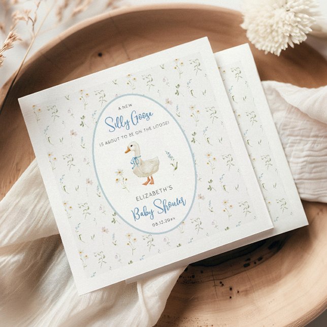 Fånig Goose Blommigt Blue Ram Baby Shower Napkins Pappersservett (Skapare uppladdad)