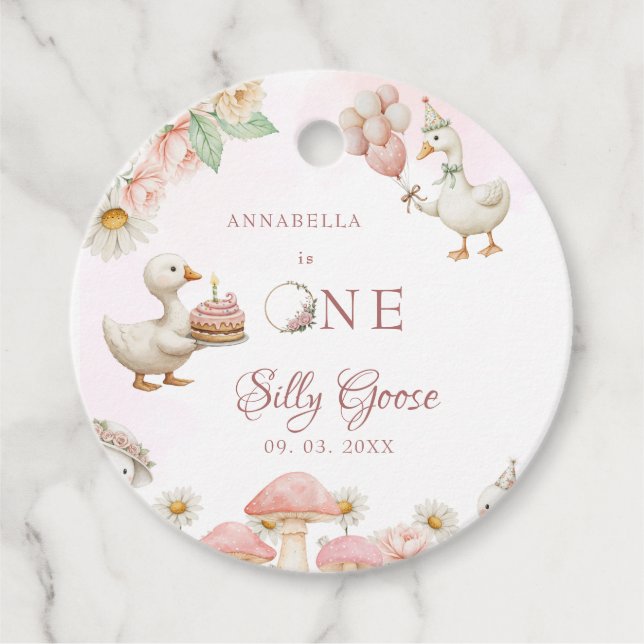 Fånig Goose Blomsterträdgård Mushroom 1:a födelsed Gåvor Etiketter (Framsida)