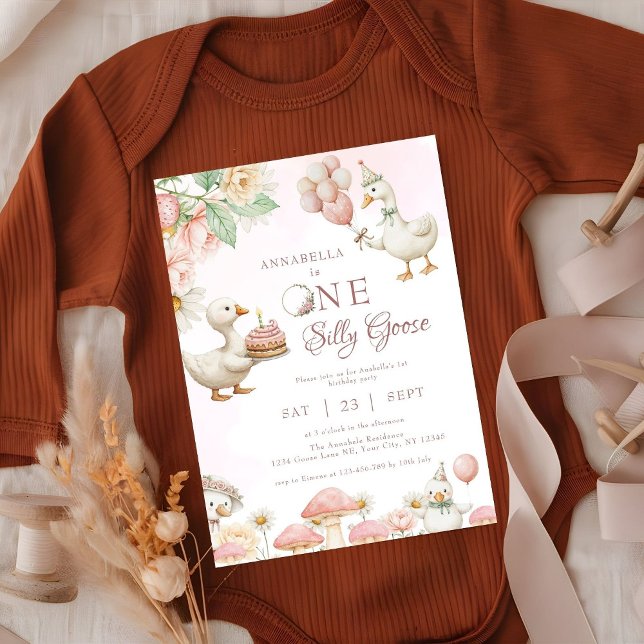 Fånig Goose Blomsterträdgård Mushroom 1:a födelsed Inbjudningar (Skapare uppladdad)