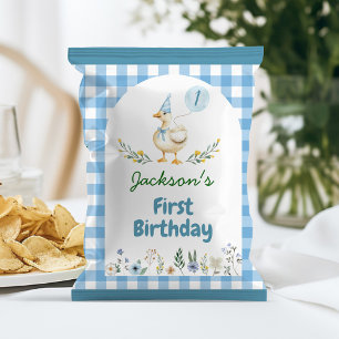 Fånig Goose Blue Balloon Birthday Chip Bag Wrapper Reklamblad