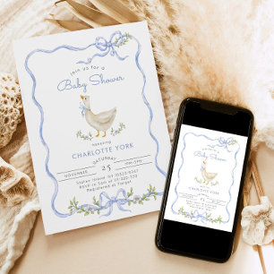 Fånig Goose Blue Blommigt Bow Baby dusch Inbjudningar