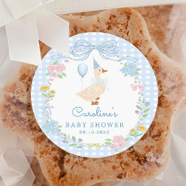 Fånig Goose Blue Bow Blommigt Babydusch-märke Runt Klistermärke
