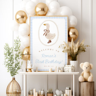 Fånig Goose Blue Gingham Birthday Välkomstskylt Poster