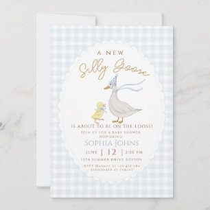 Fånig Goose Blue Gingham Bow Anka Boy Shower Inbjudningar
