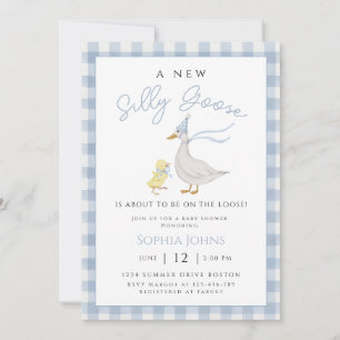 Fånig Goose Blue Gingham Bow Anka Boy Shower Inbjudningar