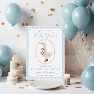 Fånig Goose Blue Gingham Boy Birthday Inbjudningar
