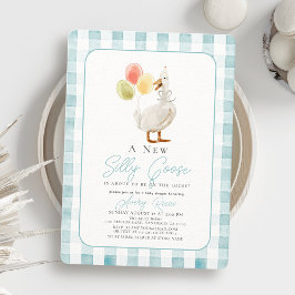 Fånig Goose Blue Gingham Boy Shower Inbjudningar