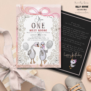Fånig Goose Family Rosa & Bow 1:a födelsedagen Inbjudningar