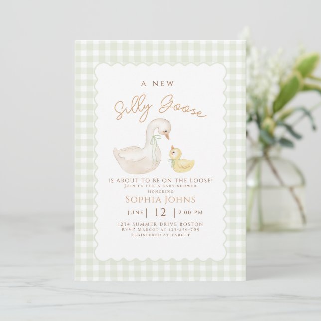 Fånig Goose Gingham Anka Gender Neutra Baby Shower Inbjudningar (Stående Fram)
