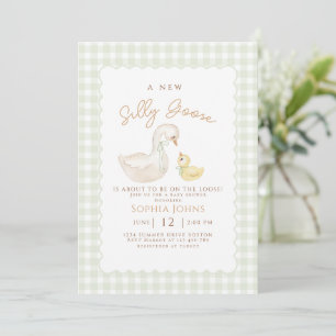 Fånig Goose Gingham Anka Gender Neutra Baby Shower Inbjudningar