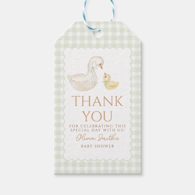 Fånig Goose Gingham Anka Tack babydusch Presentetikett (Framsidan)