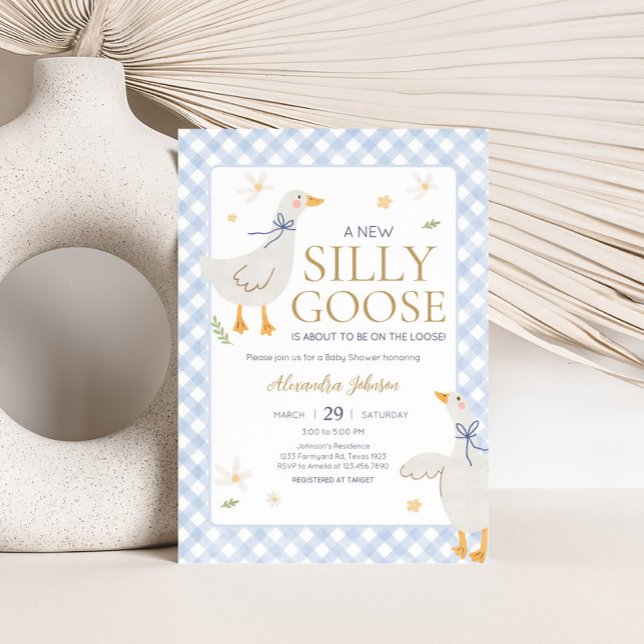 Fånig Goose Gingham Baby Shower Inbjudningar (Blue Gingham Silly Goose Baby Shower Invitation)