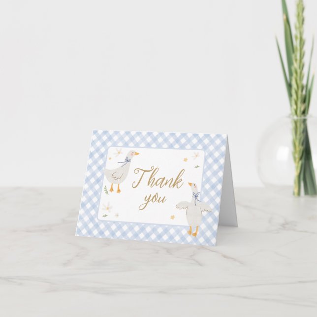 Fånig Goose Gingham Baby Shower Tack Kort (Framsida)