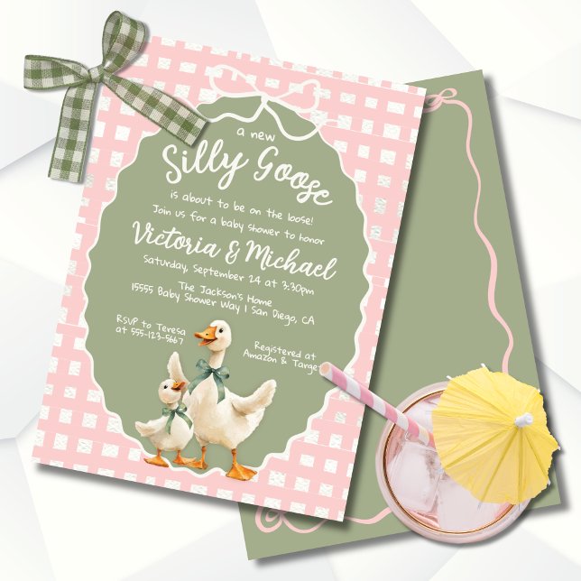 Fånig Goose Gingham Bow Baby Shower Inbjudningar (Skapare uppladdad)