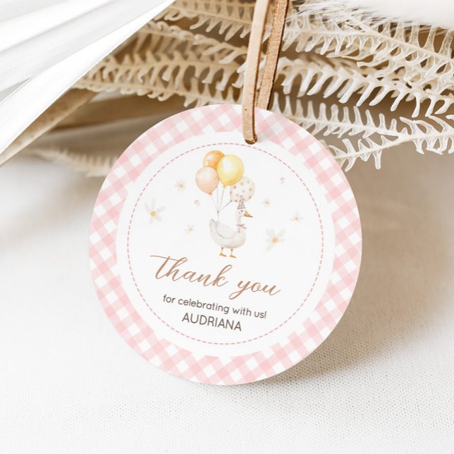 Fånig Goose Gingham Födelsedagsfest Round Gåvor Etiketter (Pink Gingham Silly Goose Birthday Party Round Favor Tags)