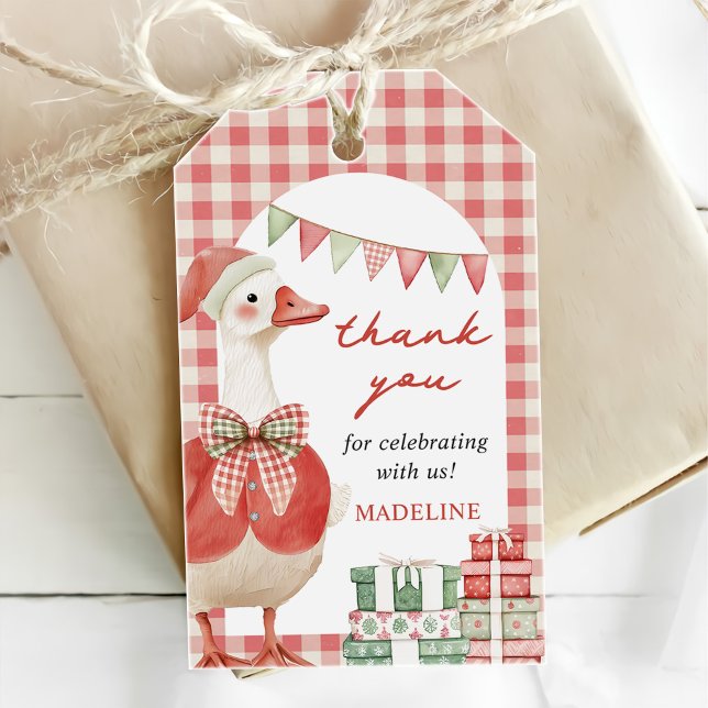 Fånig Goose jul Gingham 1:a födelsedagen Presentetikett (Skapare uppladdad)