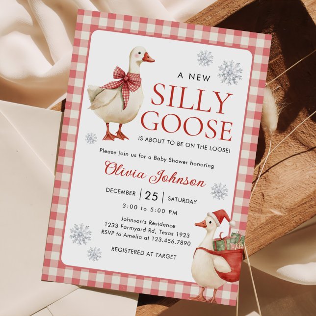 Fånig Goose jul Gingham Baby Shower Inbjudningar (Skapare uppladdad)