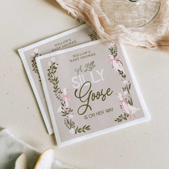 Fånig Goose Rosa Bow Girl Baby Shower Napkins Pappersservett (Skapare uppladdad)
