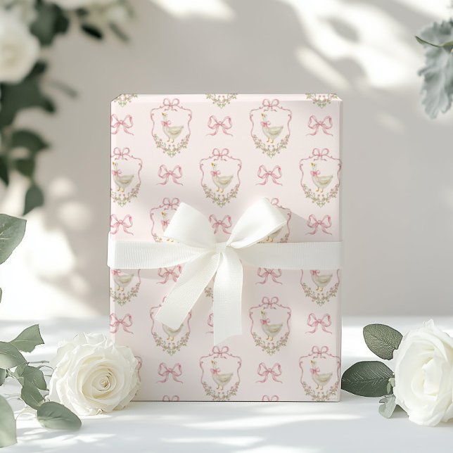 Fånig Goose Rosa Bow vapensköld Vintage babydusch Presentpapper (Skapare uppladdad)