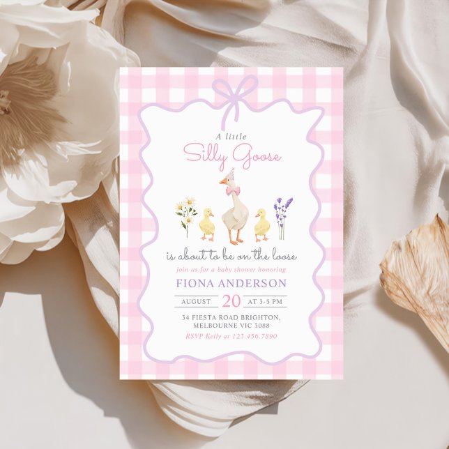 Fånig Goose Rosa Gingham Bow Anka Baby Shower Inbjudningar (Skapare uppladdad)