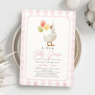 Fånig Goose Rosa Gingham Girl Baby Shower Inbjudningar