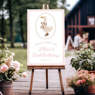 Fånig Goose Rosa Gingham Girl Birthday Välkommen Poster